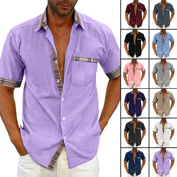 قميص صيفي رجالي بياقة منقوشة كاجوال بأزرار