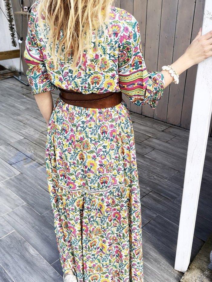 Cotton-Blend V Neck Floral Casual Dresses