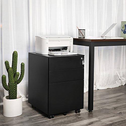 SONGMICS Steel File Cabinet 3 Drawer with Lock Mobile Pedestal Under Desk Fully Assembled Except Casters Black UOFC60BK