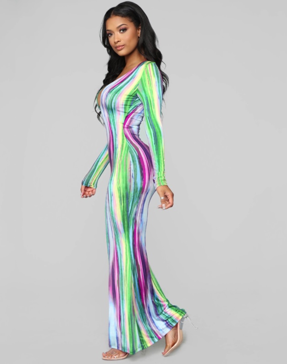 Fall Tie Dye V-Neck Maxi Dress with Full Sleeves