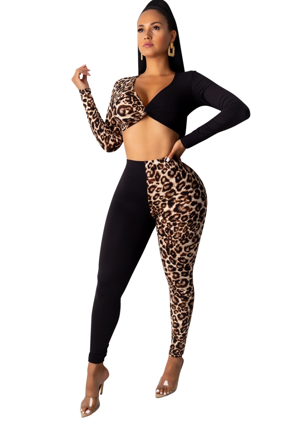 Leopard Print Sexy Long Sleeve Tight Crop Set
