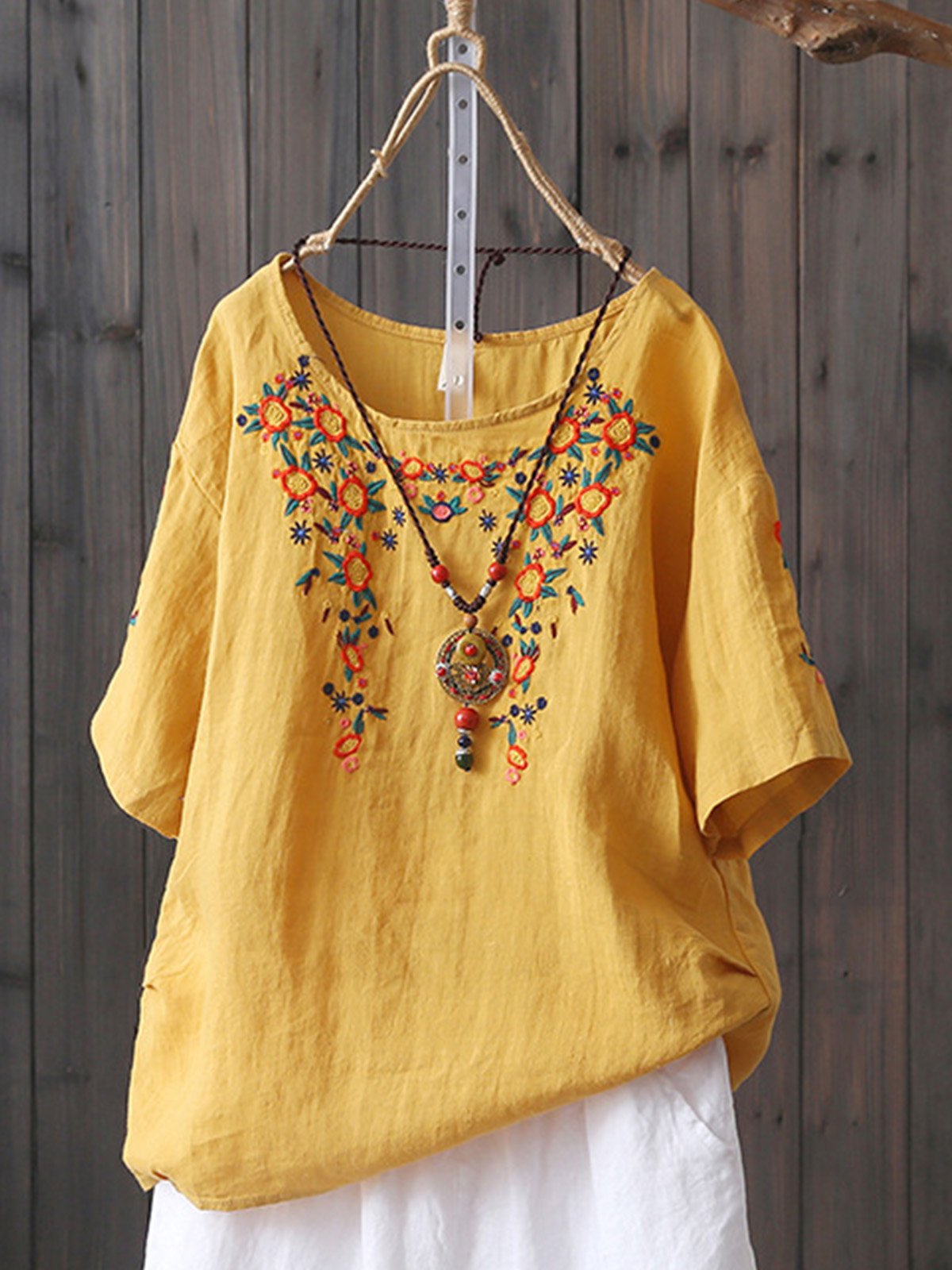 Women Casual Loose Embroidered Tops Tunic Blouse Shirt