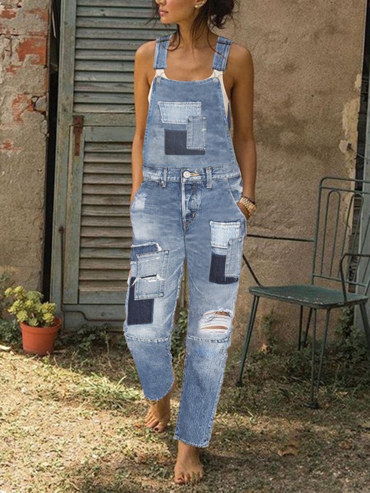 Patch denim overalls