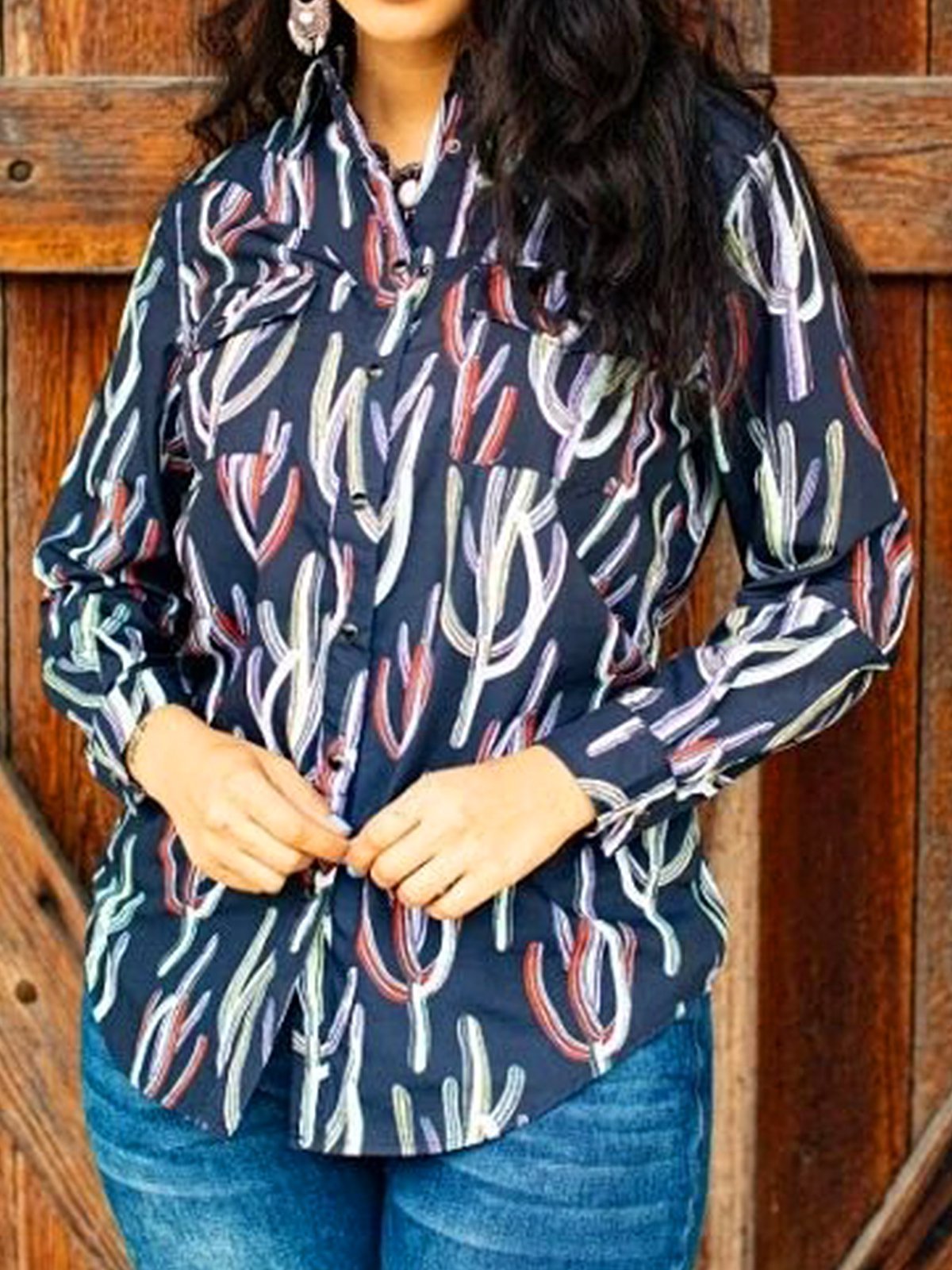 Plants Long Sleeve Vintage Shirt Collar Shirts & Tops