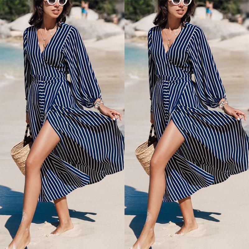 Fashion V Collar Striped Lantern Sleeve Dual Purpose Dustcoat Maxi Dress
