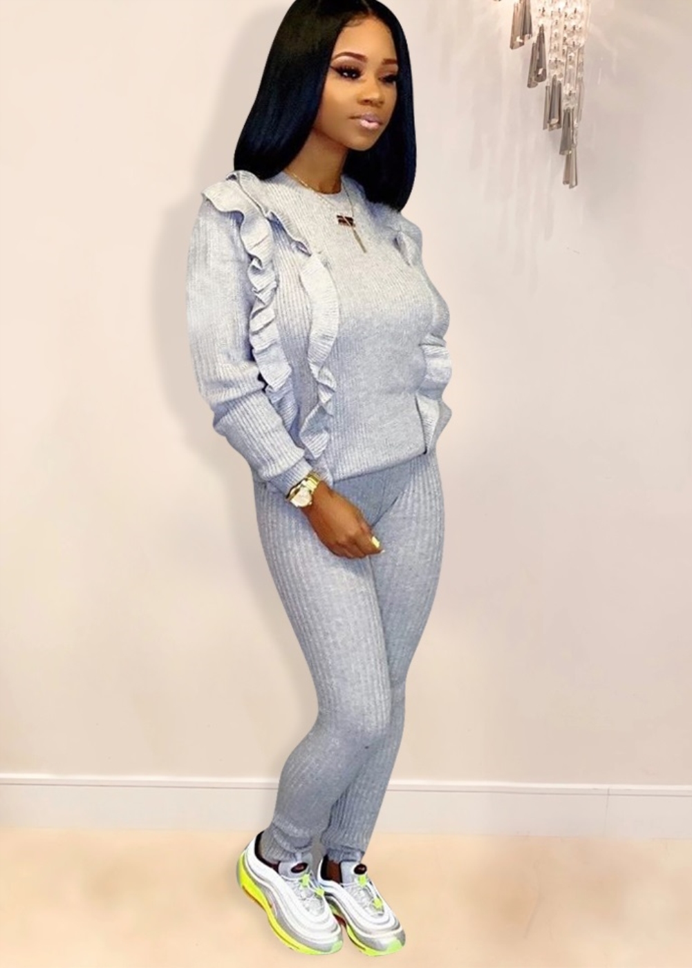 Solid Color Ruffles Knitting Pants Suit