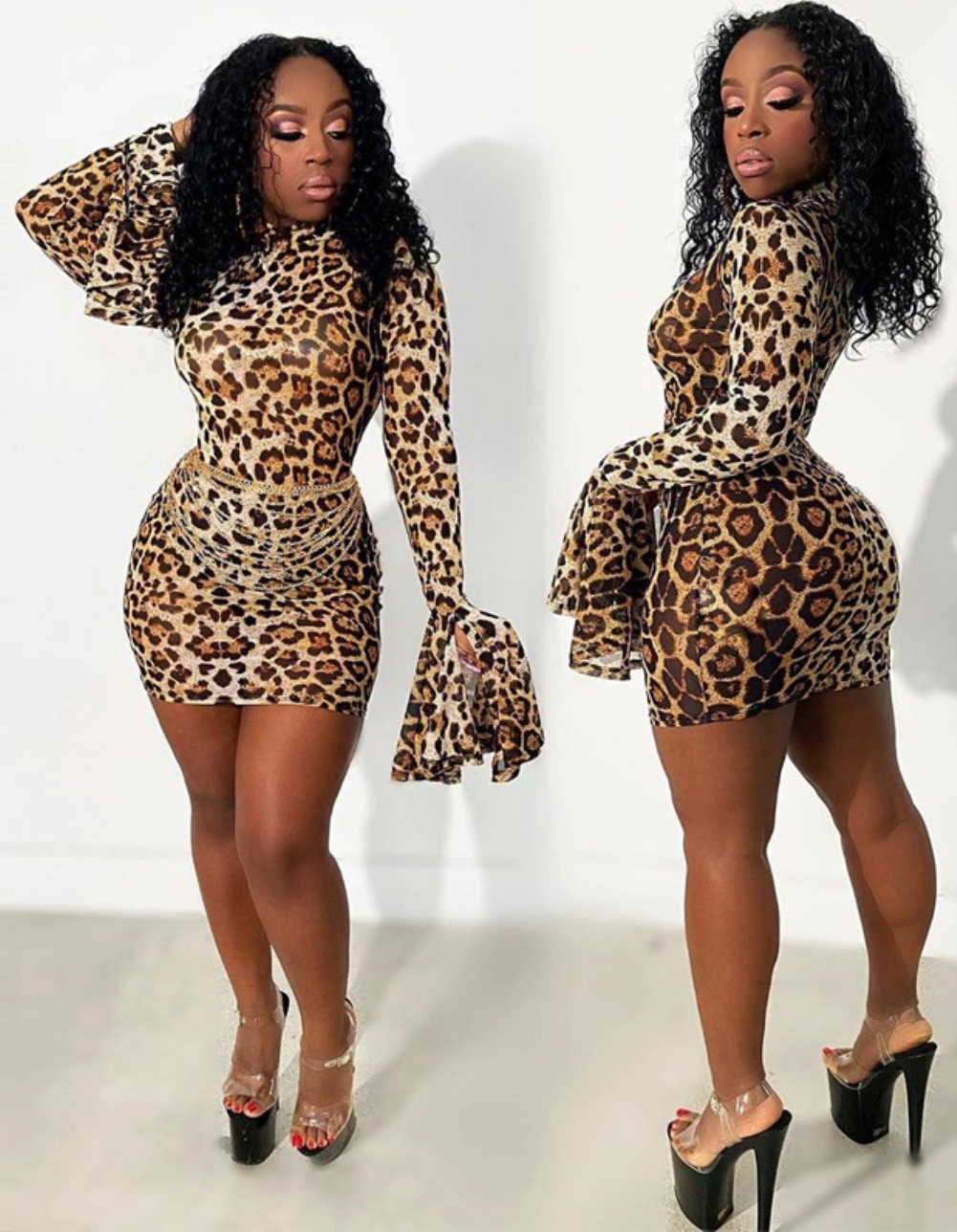 Long Sleeve Leopard Bodycon Dress with Wide Cuffs