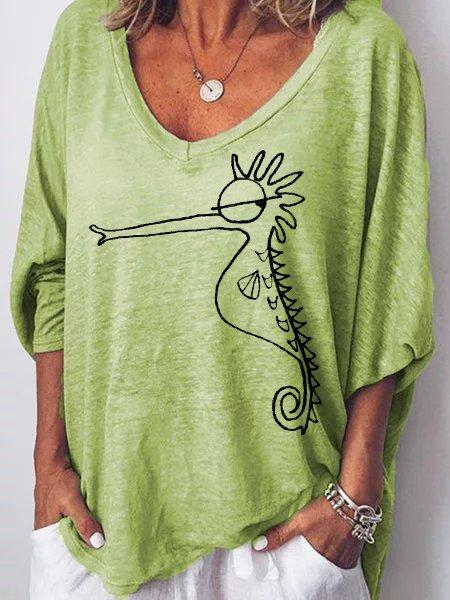 3/4 Sleeve V Neck Casual Seahorse Tops