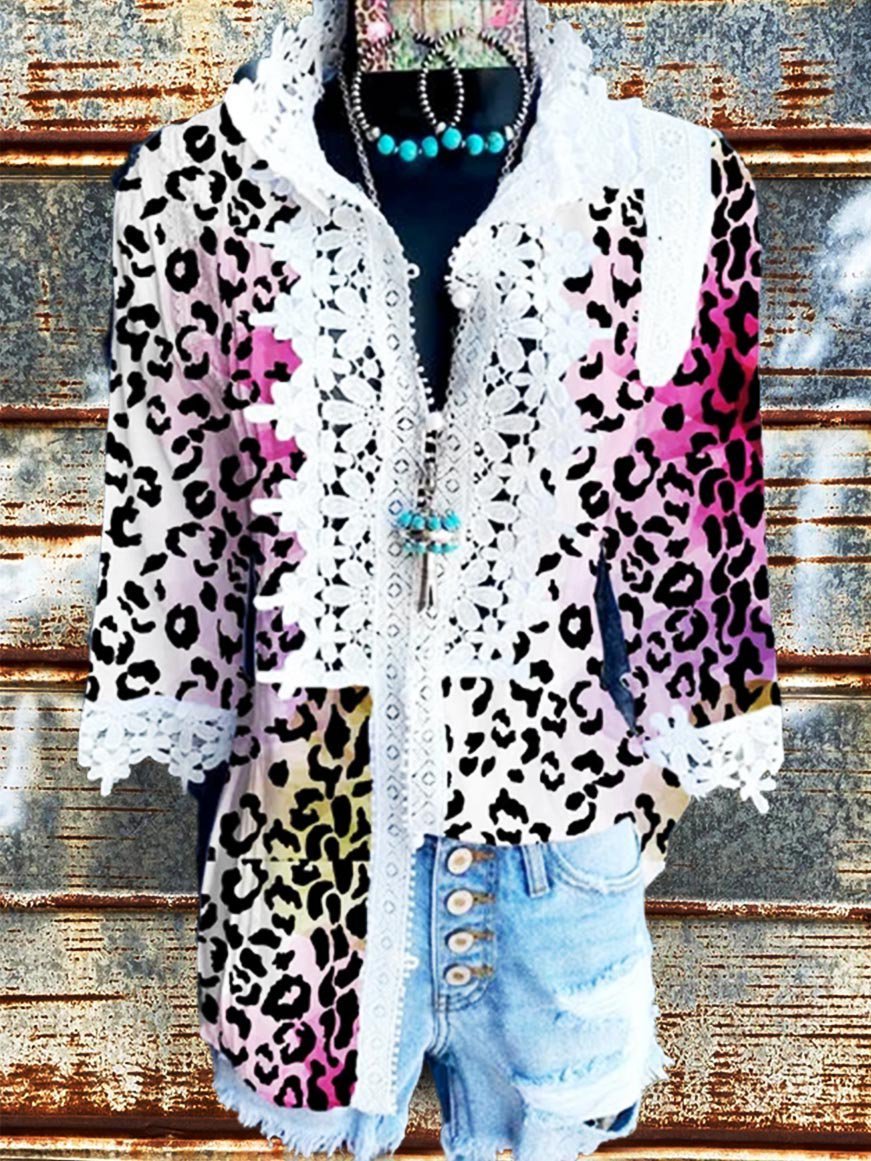 Half Sleeve Leopard Guipure Lace Casual Shirts & Tops