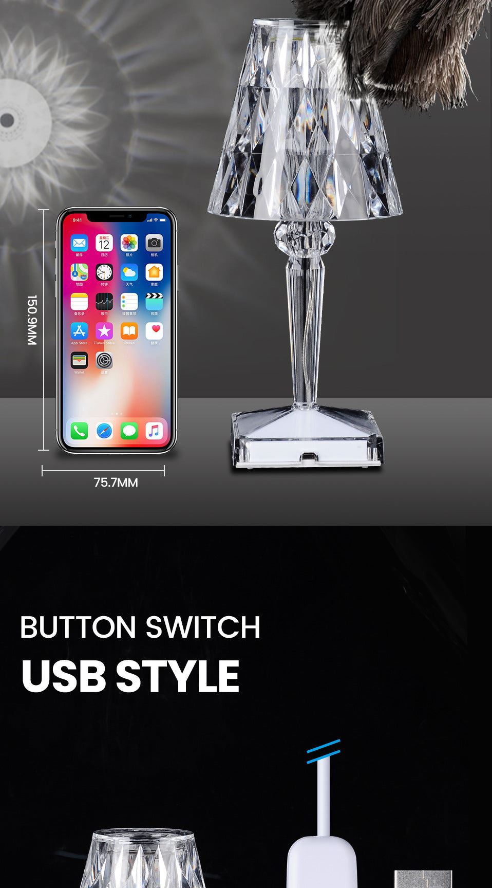 Crystal Table Lamp Diamond Acrylic LED USB Dimmable Bedroom Bedside Light Desk Night Lamp