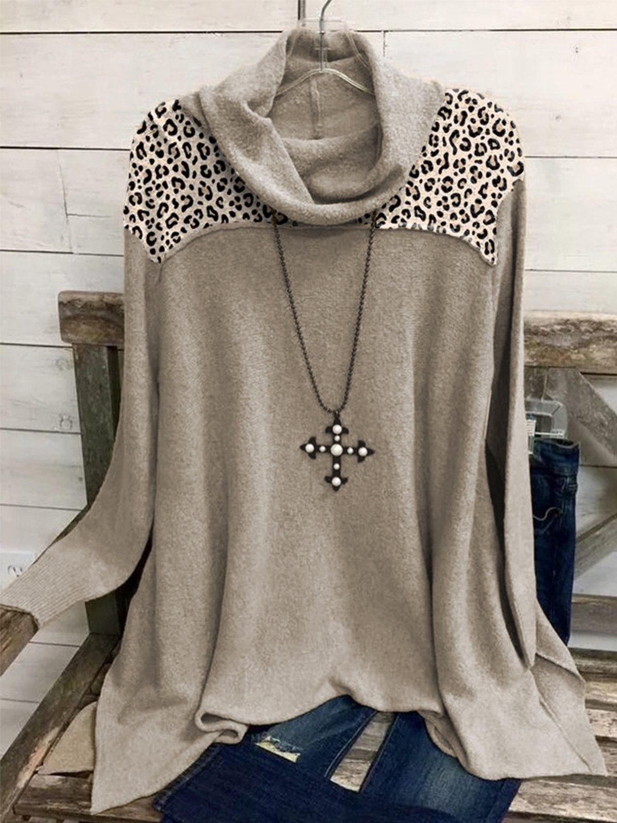 Cotton-Blend Long Sleeve Leopard Shirts & Tops