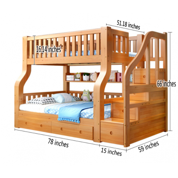 Children's bunk bed with rails and ladder, wooden, double bed