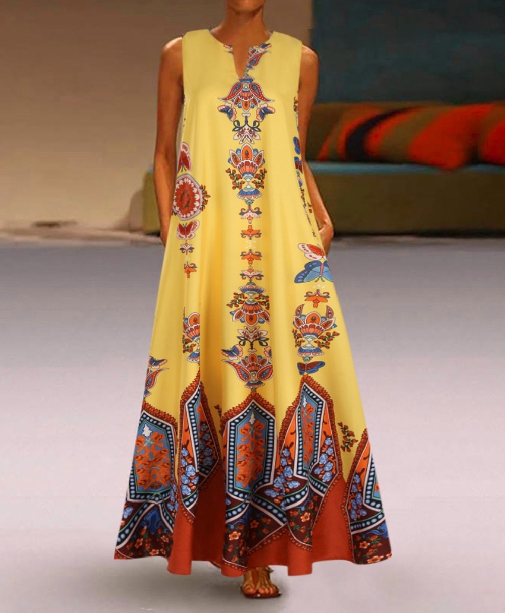 Retro Print Sleeveless Long Boho Dress