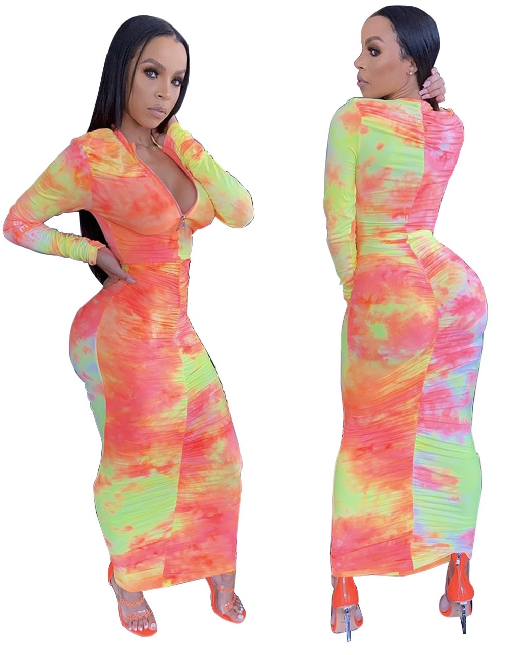 Tie Dye Ruched Long Curvy Dress with Full Sleeves