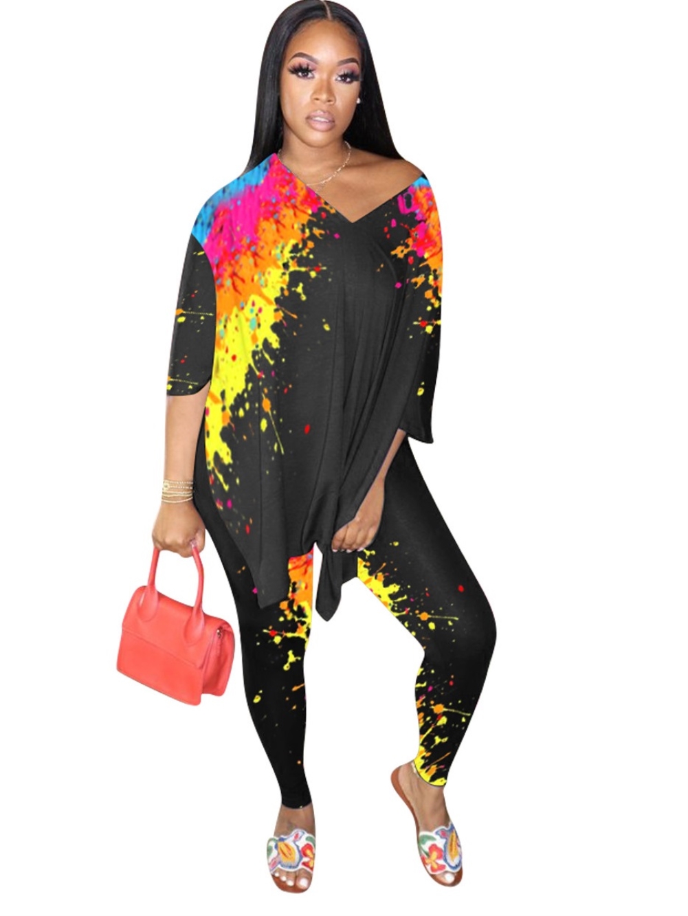 Casual Matching Colorful Loose Shirt and Tight Legging Set