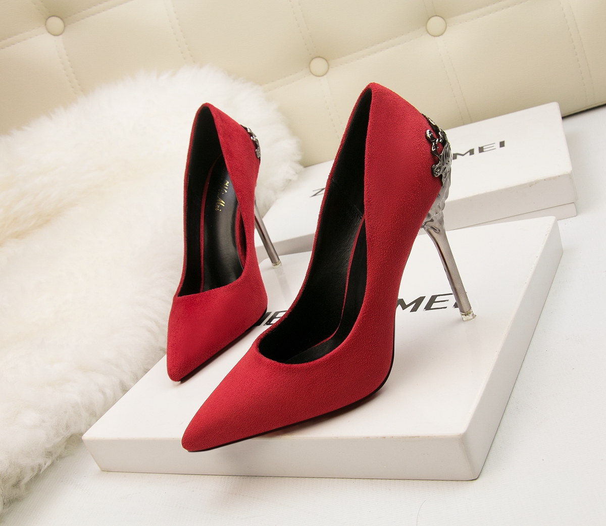 10CM Metal Hollow Suede Dress Wedding Party Elegant Heeled Sandals