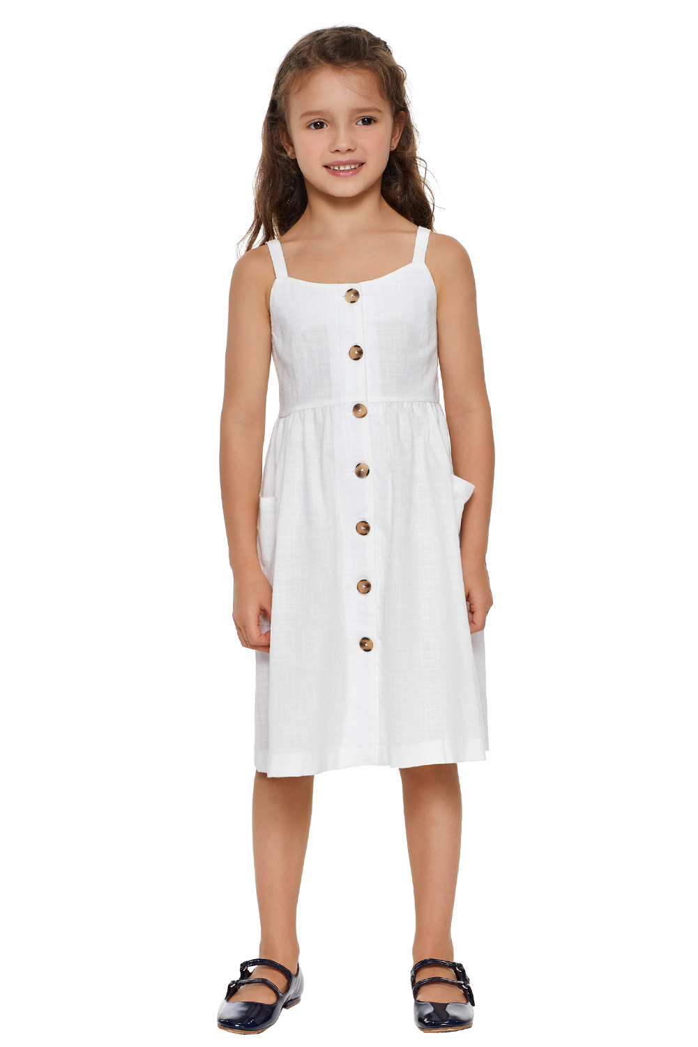 White Little Girls Spaghetti Strap Button Dress with Pockets