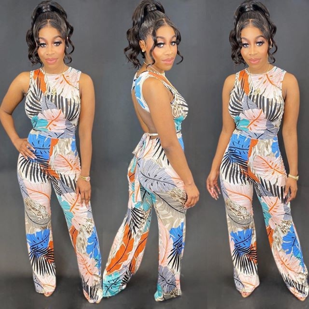 Open Back Sleeveless Floral Jumpsuit