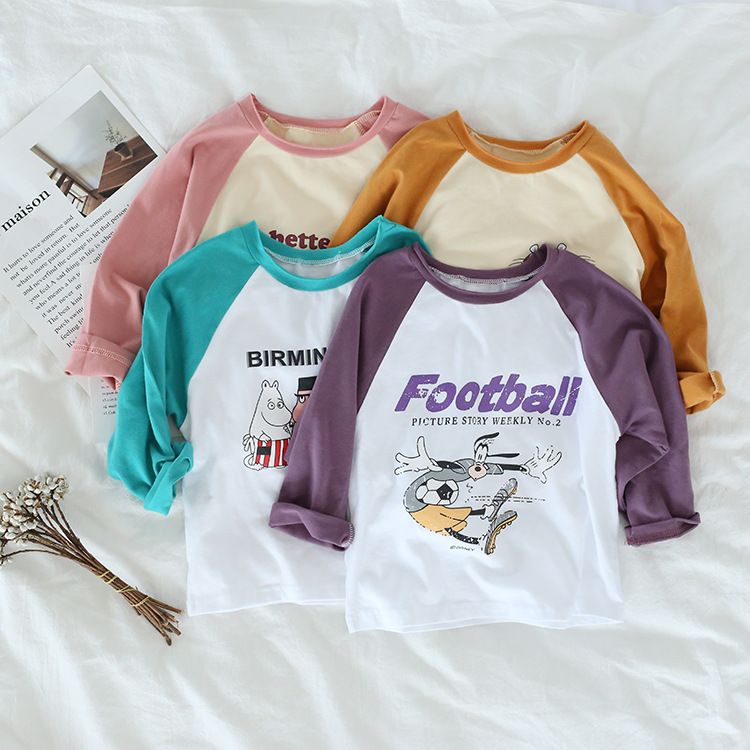 Toddler Girl Slogan and Print Cartoon Tee Color Matching Cotton Long Sleeve T-shirt