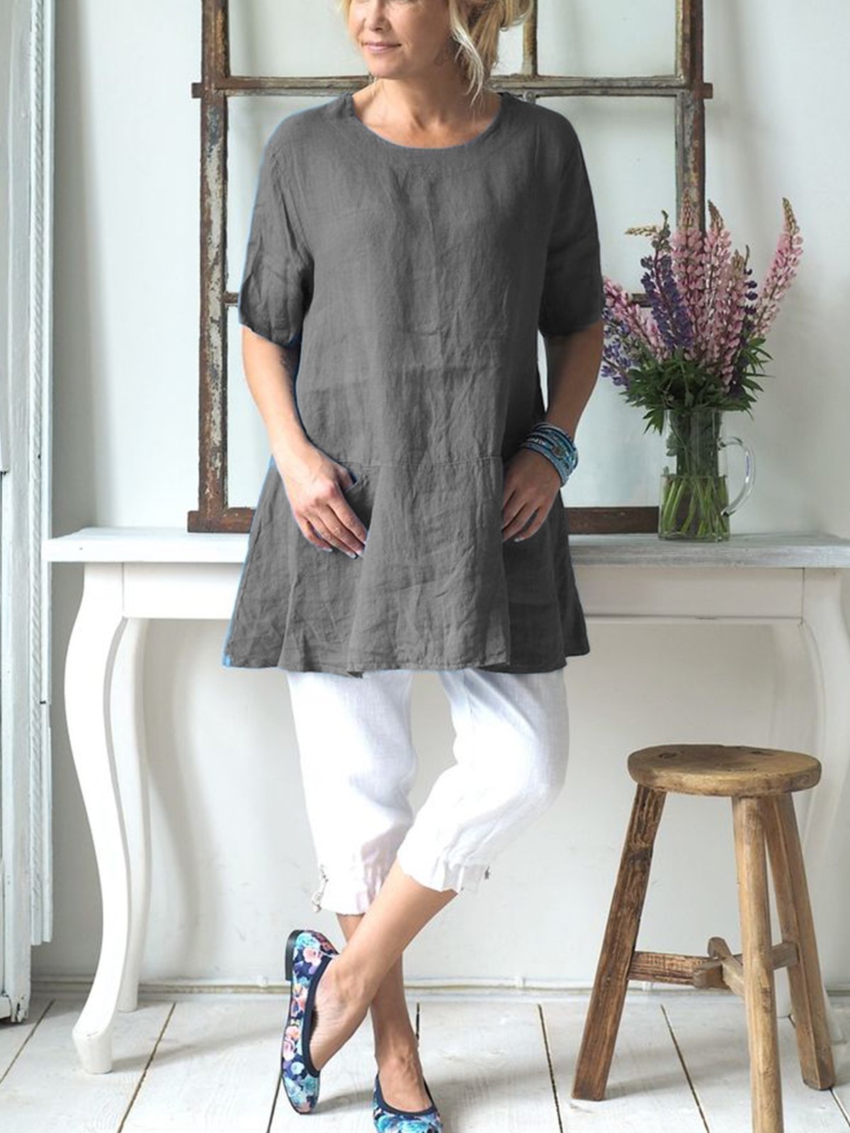 Women Linen Causal Tops Solid Crew Neck Short Sleeve Simple Blouse