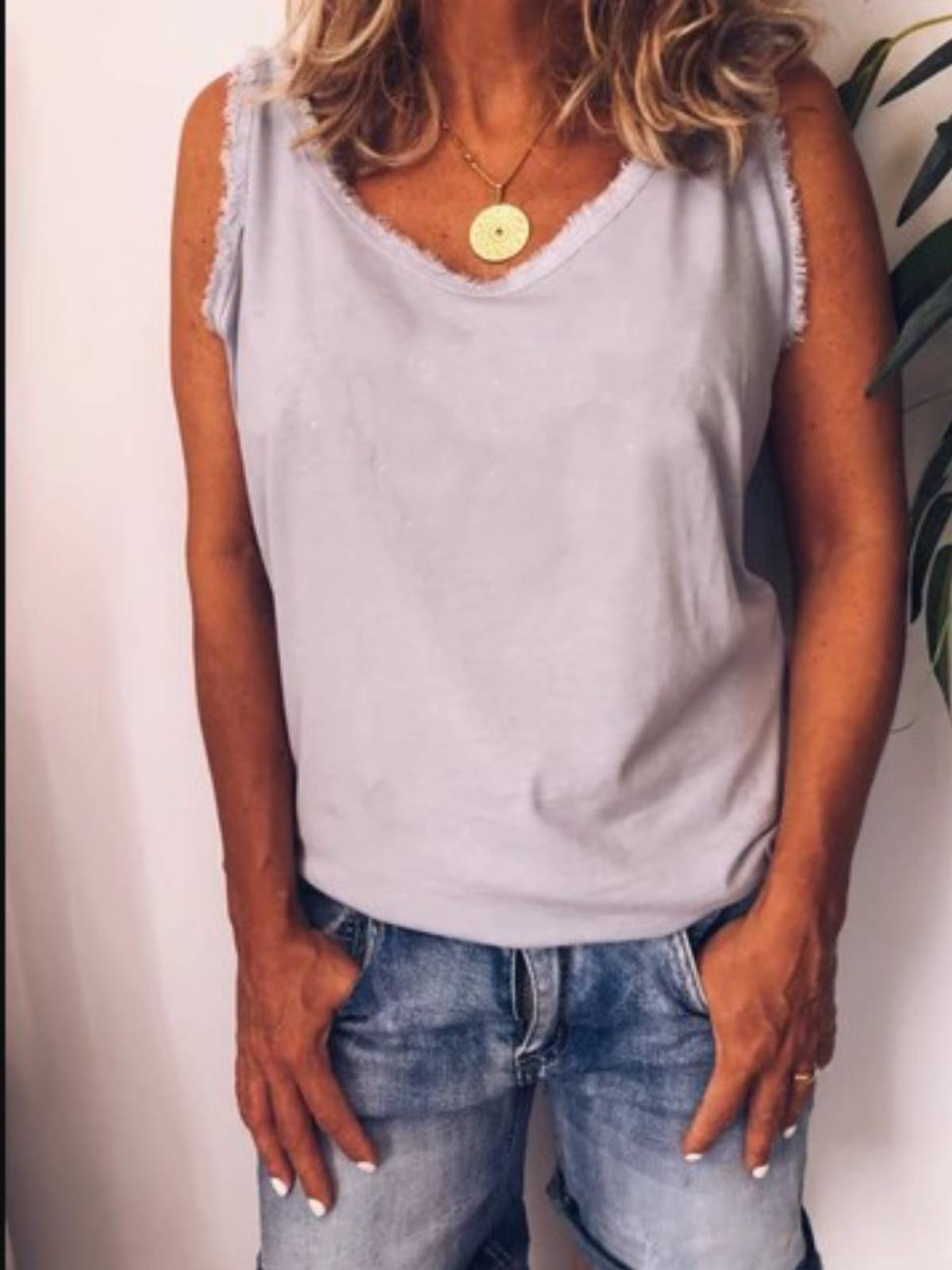 Light Purple Cotton-Blend Sleeveless Plain Shirts & Tops