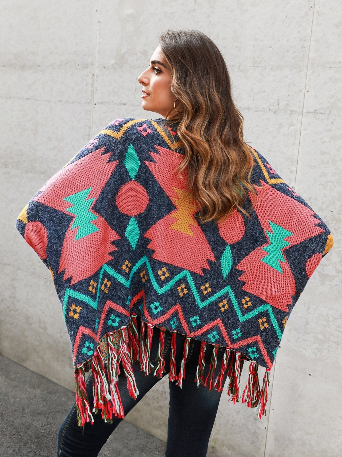 Multicolor Long Sleeve Tribal Fringed Cotton-Blend Sweaters