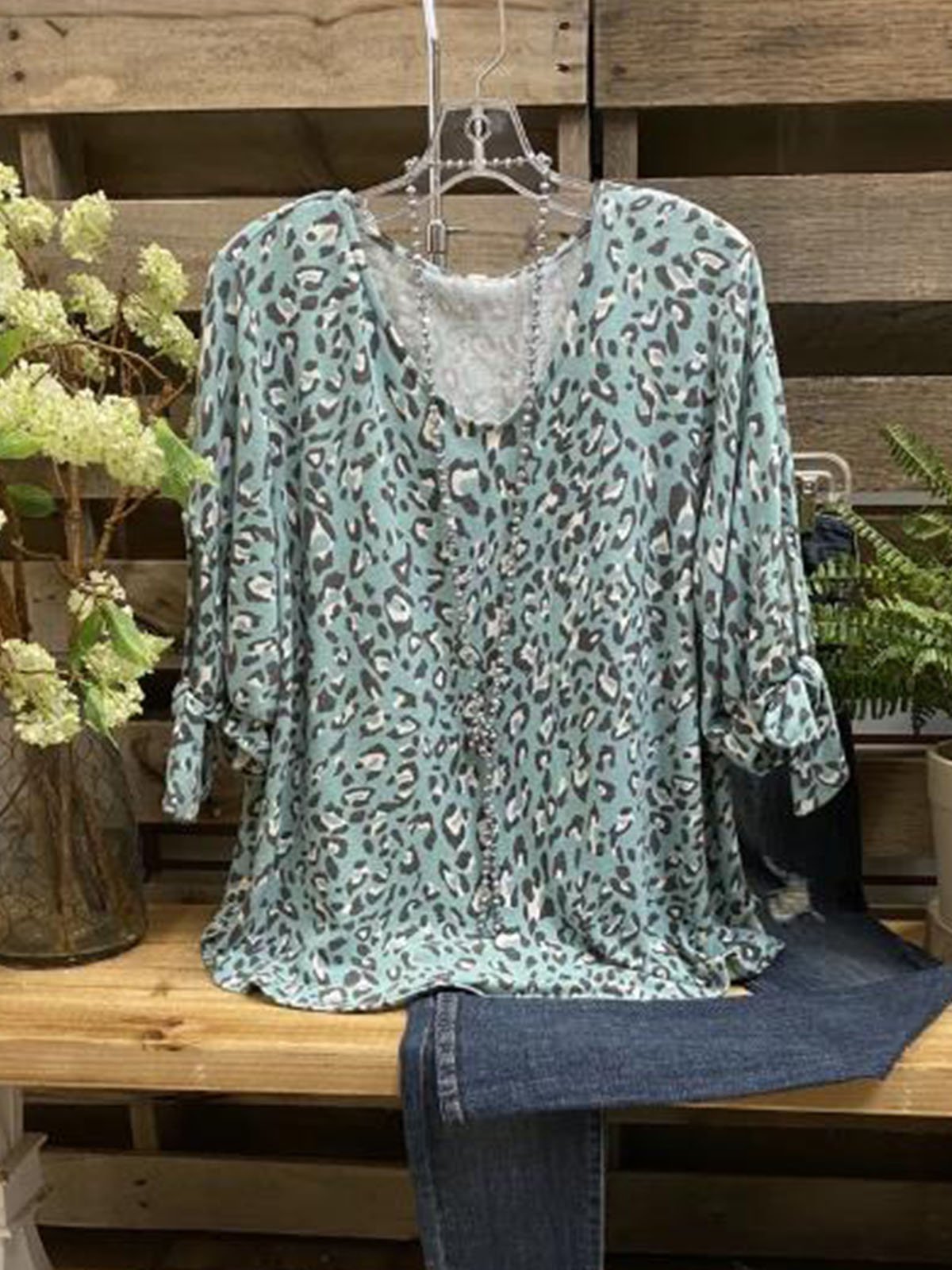 Blue V Neck Long Sleeve Printed Tops