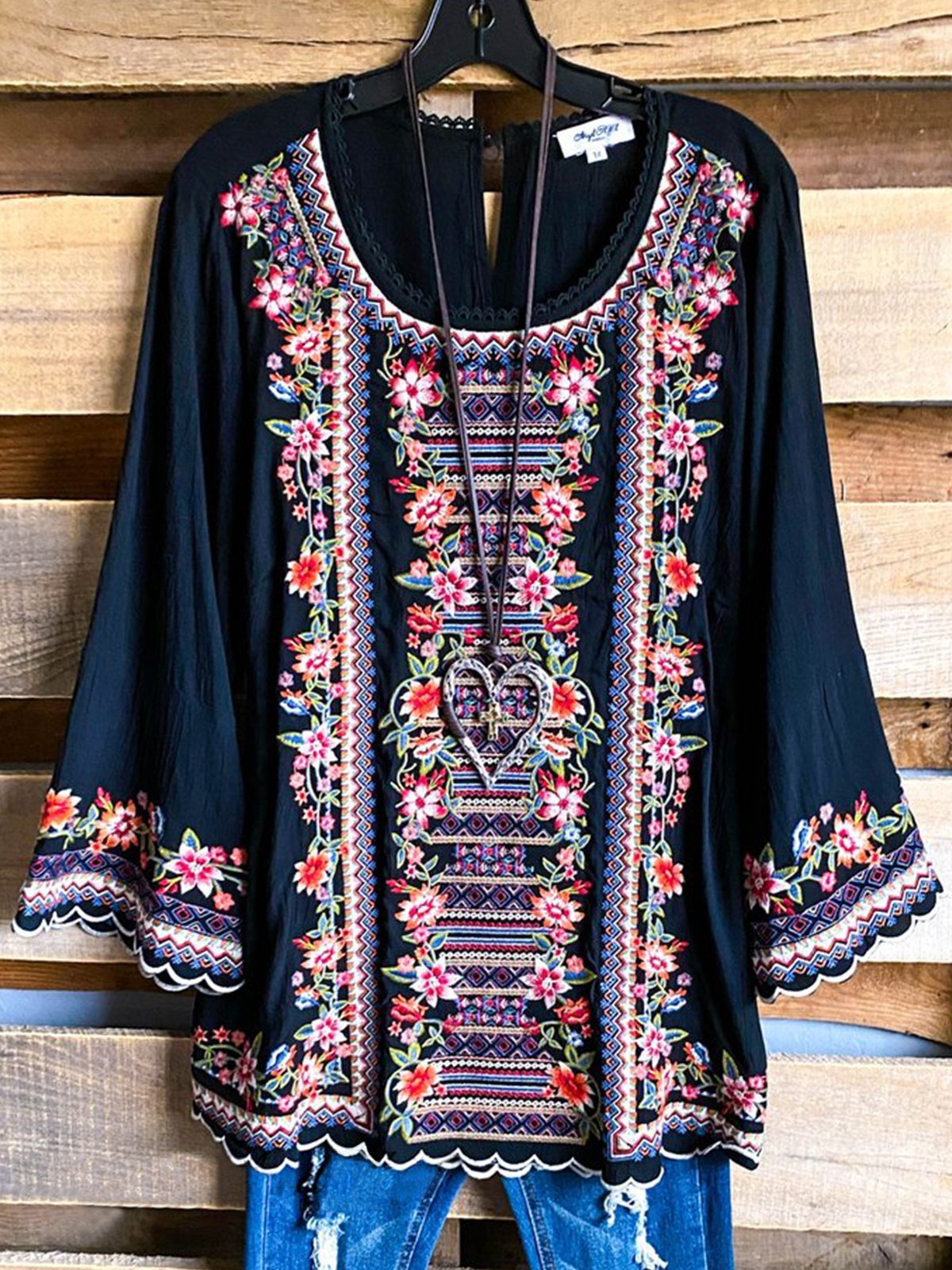 Crew Neck 3/4 Sleeve Floral Shift Shirts & Tops