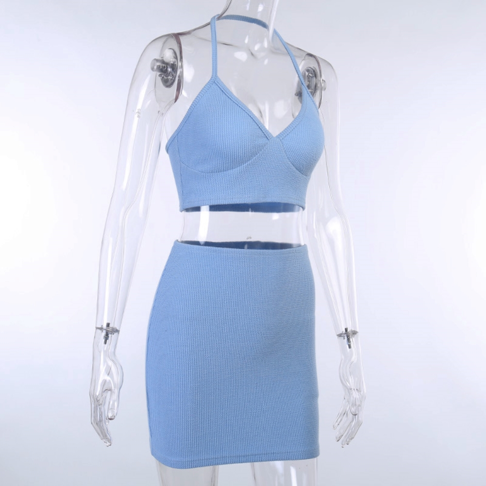 Sexy Knitted Halter Crop Top and Mini Skirts Set