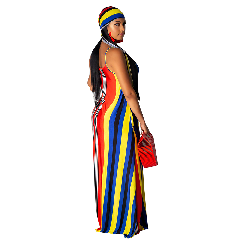 Colorful Stripes Strap Long Dress with Belt