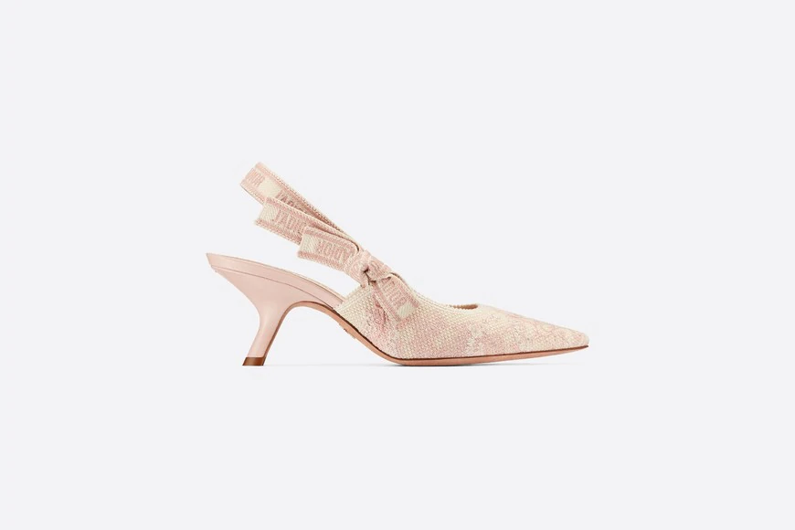 J'Adior Slingback Pump Pink and Ecru Embroidered Cotton with Toile de Jouy Motif