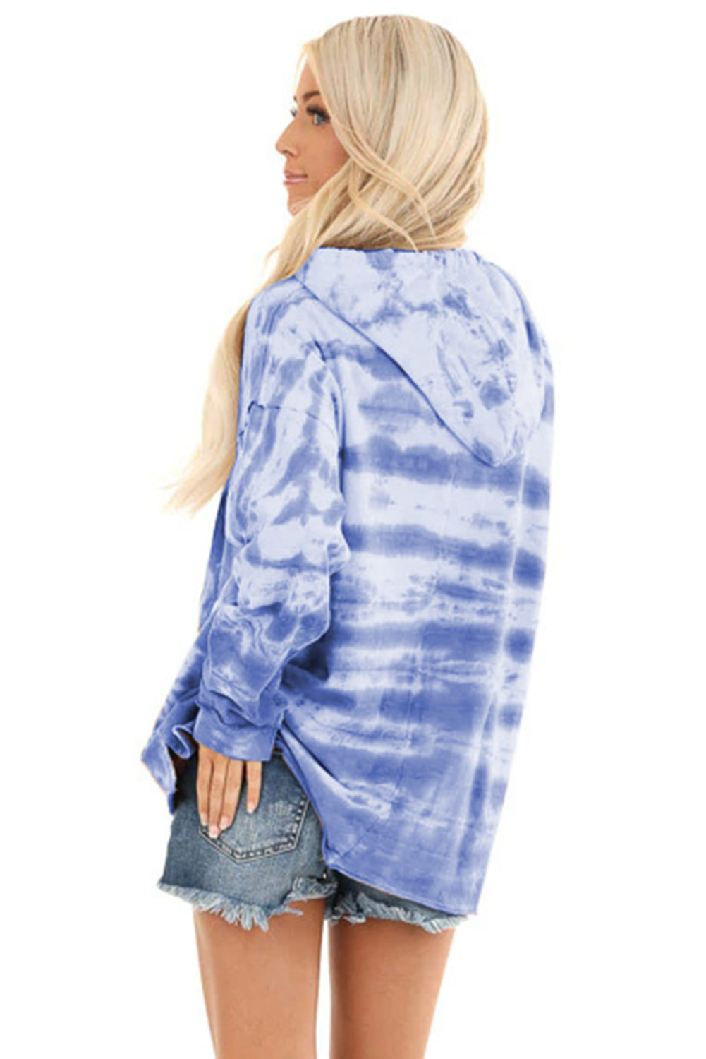 Sky Blue Tie Dye Long Sleeve Drawstring Hoodie