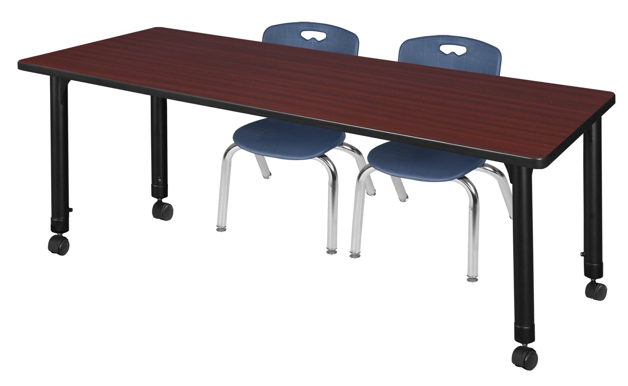 Regency Kee 60x22 x 30x22 Height Adjustable Mobile Classroom Table - Mahogany 2 Andy 12-in Stack Chairs- Navy Blue