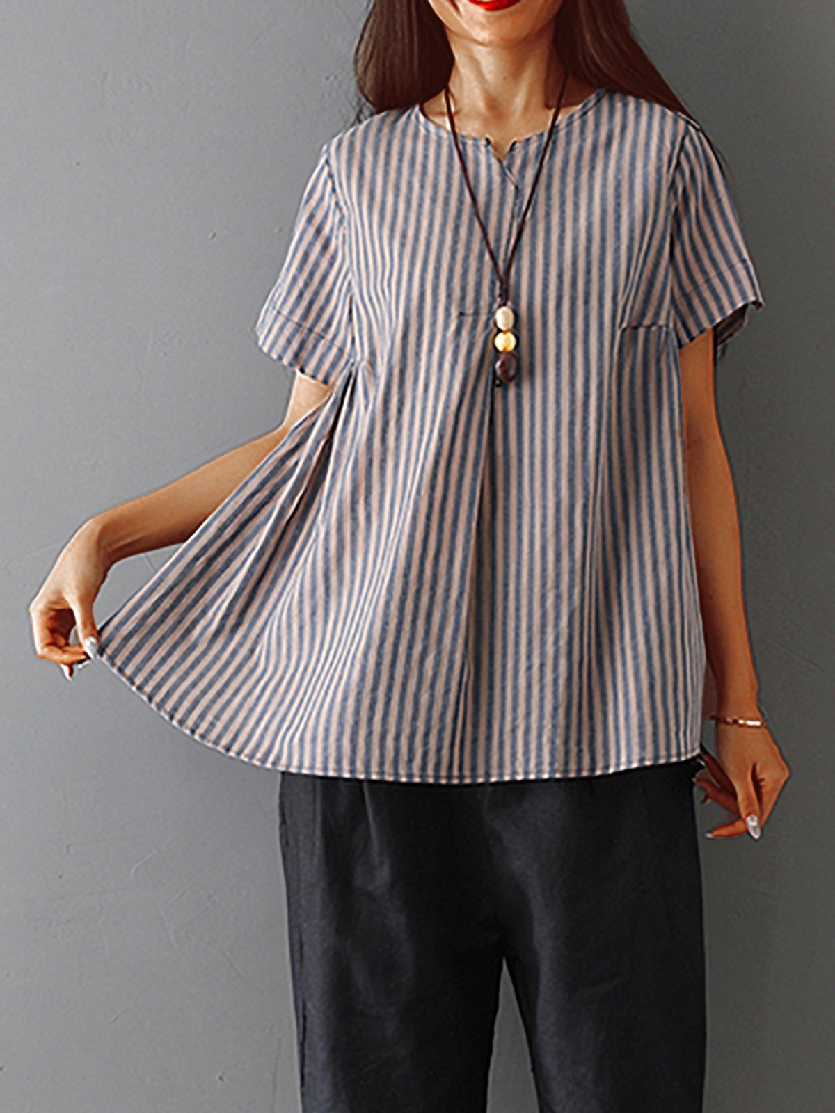 Plus  Size  Women  V-neck Short Sleeve  Striped Linen Loose Casual Top