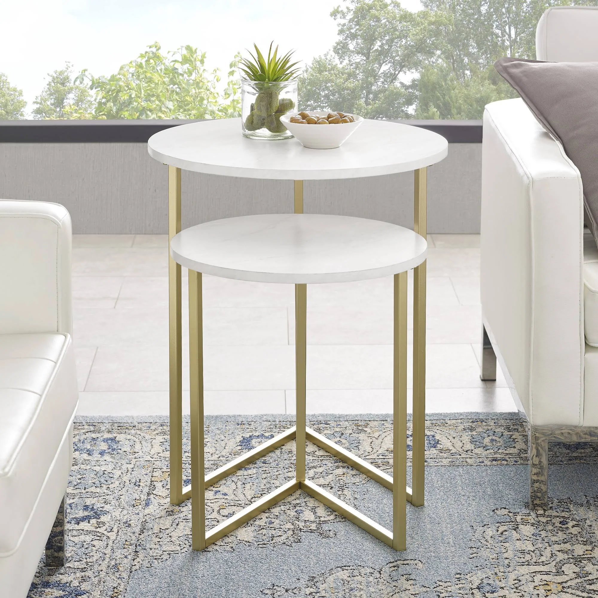 Walker Edison 2 Piece V Leg Nesting Side Tables White Faux Marble Gold