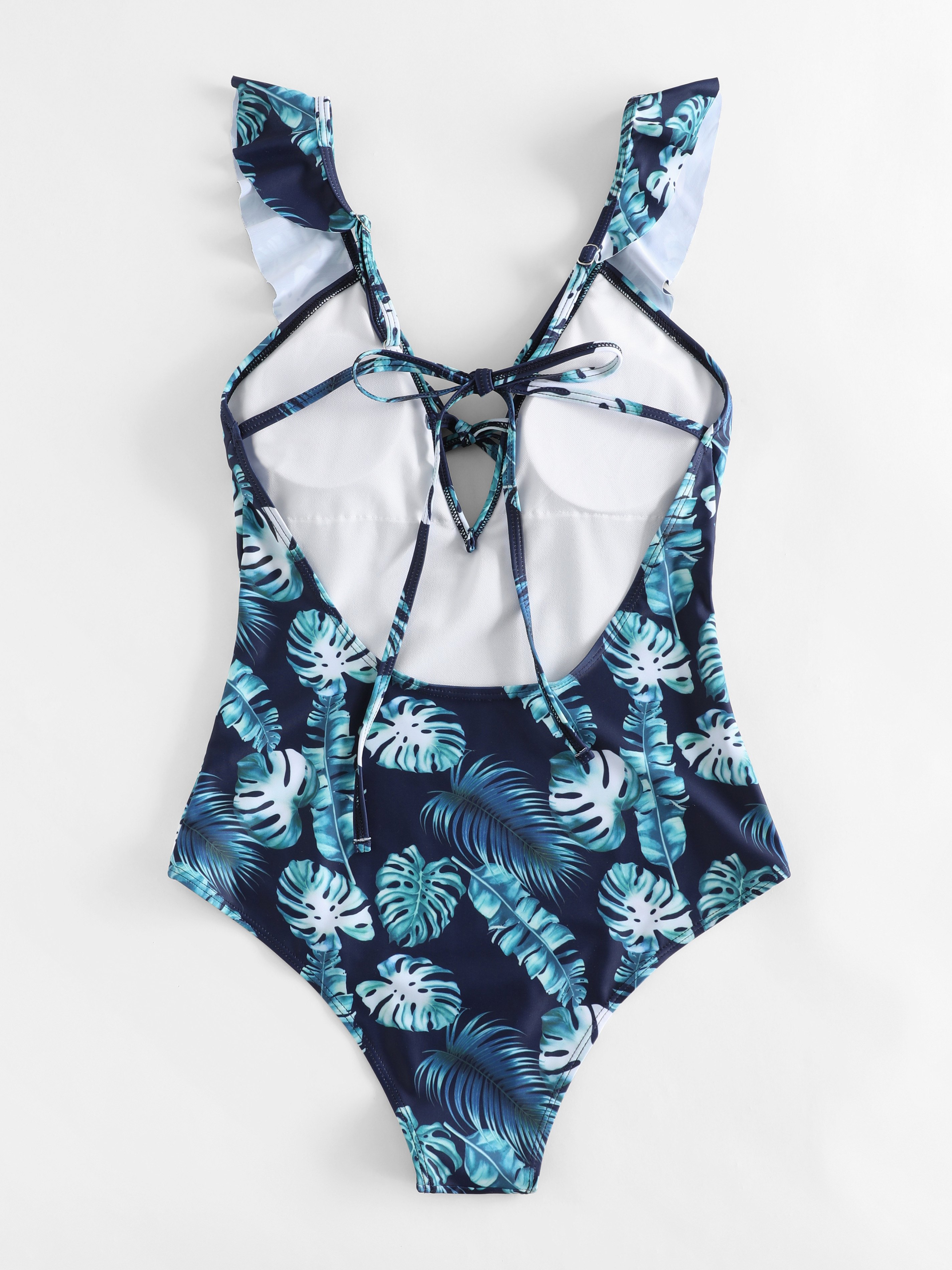 Leaf Print Plunging Collar One-Piece Swimwear