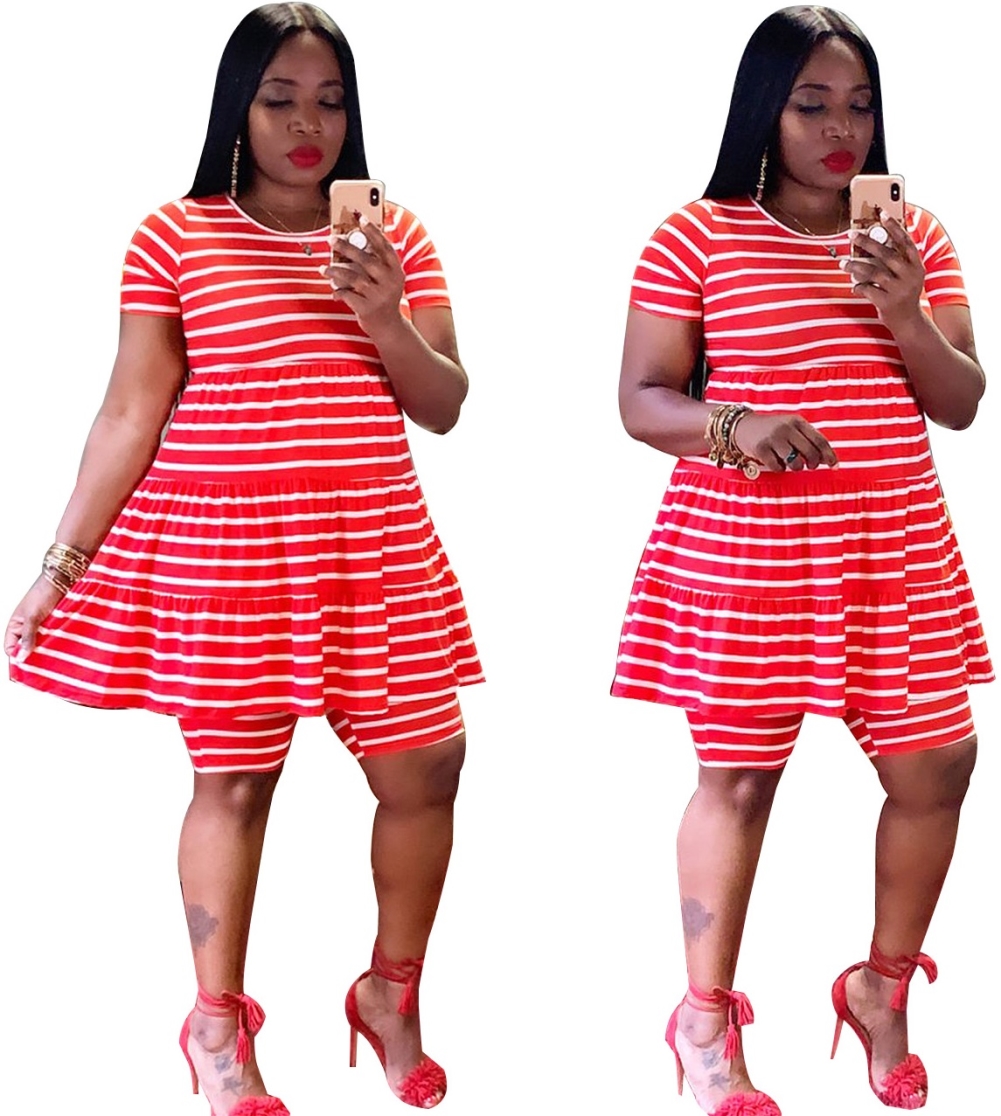Plus Size Two Piece Stripes Short Set