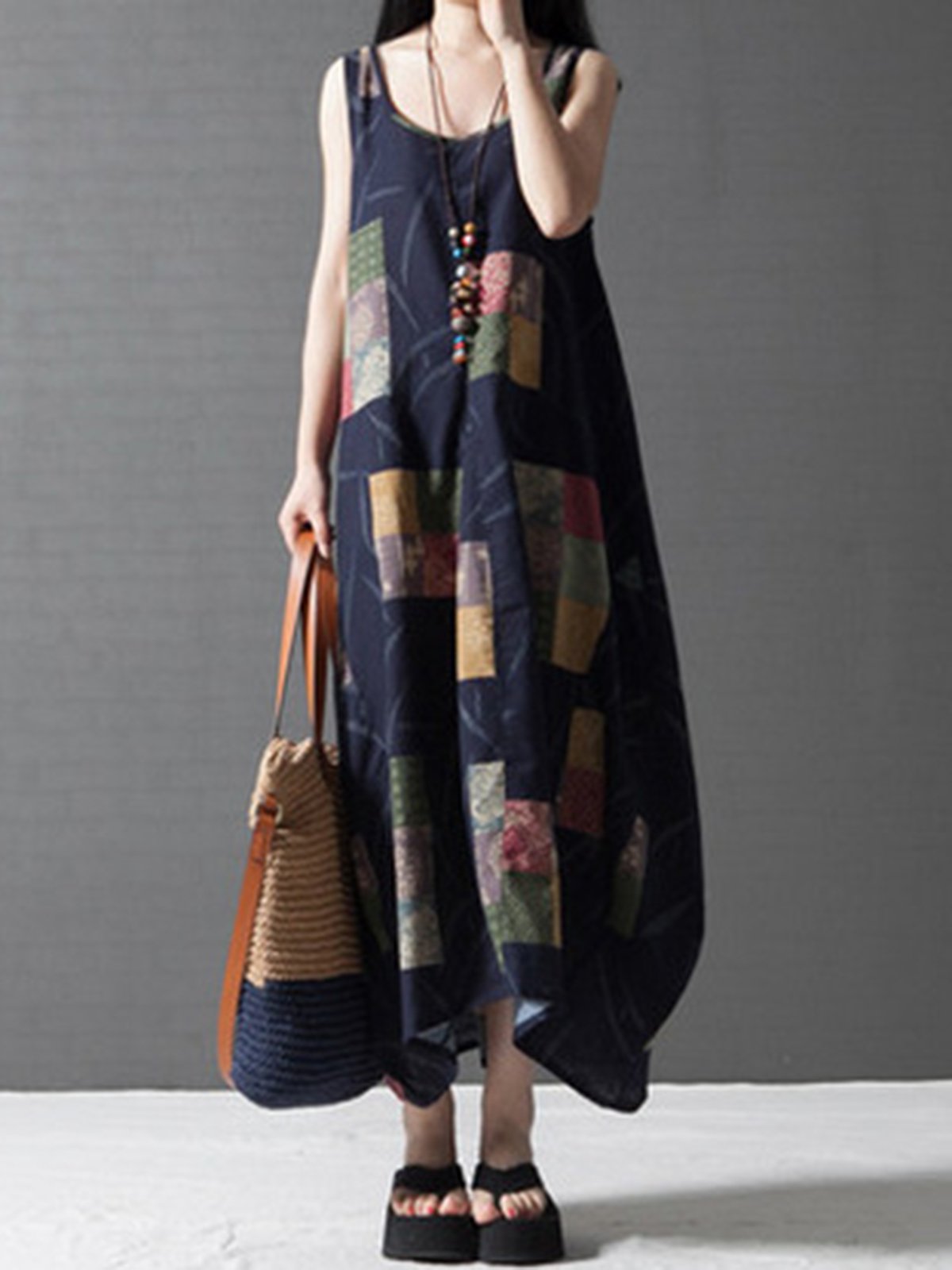 Plus Size Spaghetti Linen A-line Printed Maxi Dress