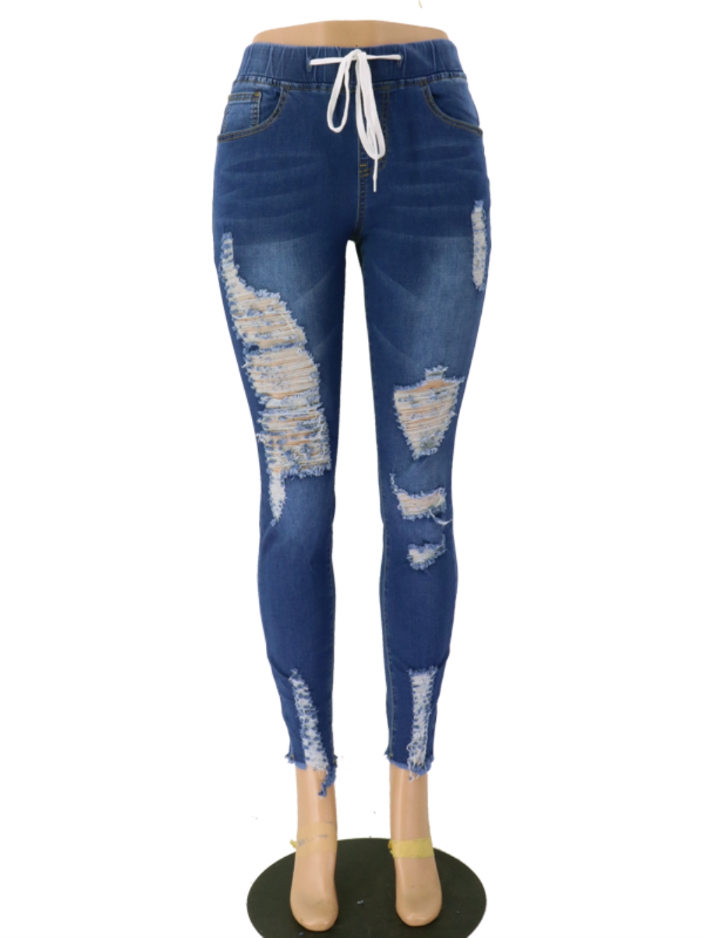 Stylish High Waist Strings Ripped Jeans