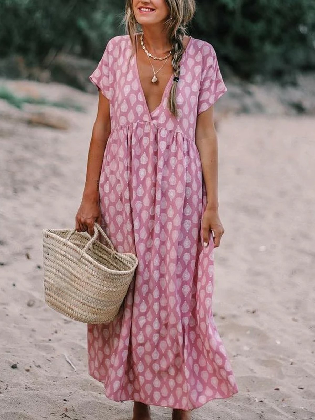 Plus Size Casual V Neck Short Sleeve Printed Dresses