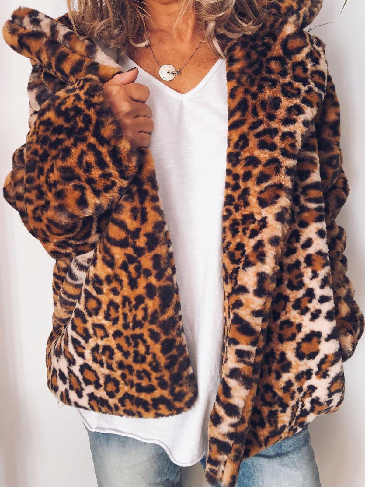 Plus Size Casual Leopard Long Sleeve Outerwear