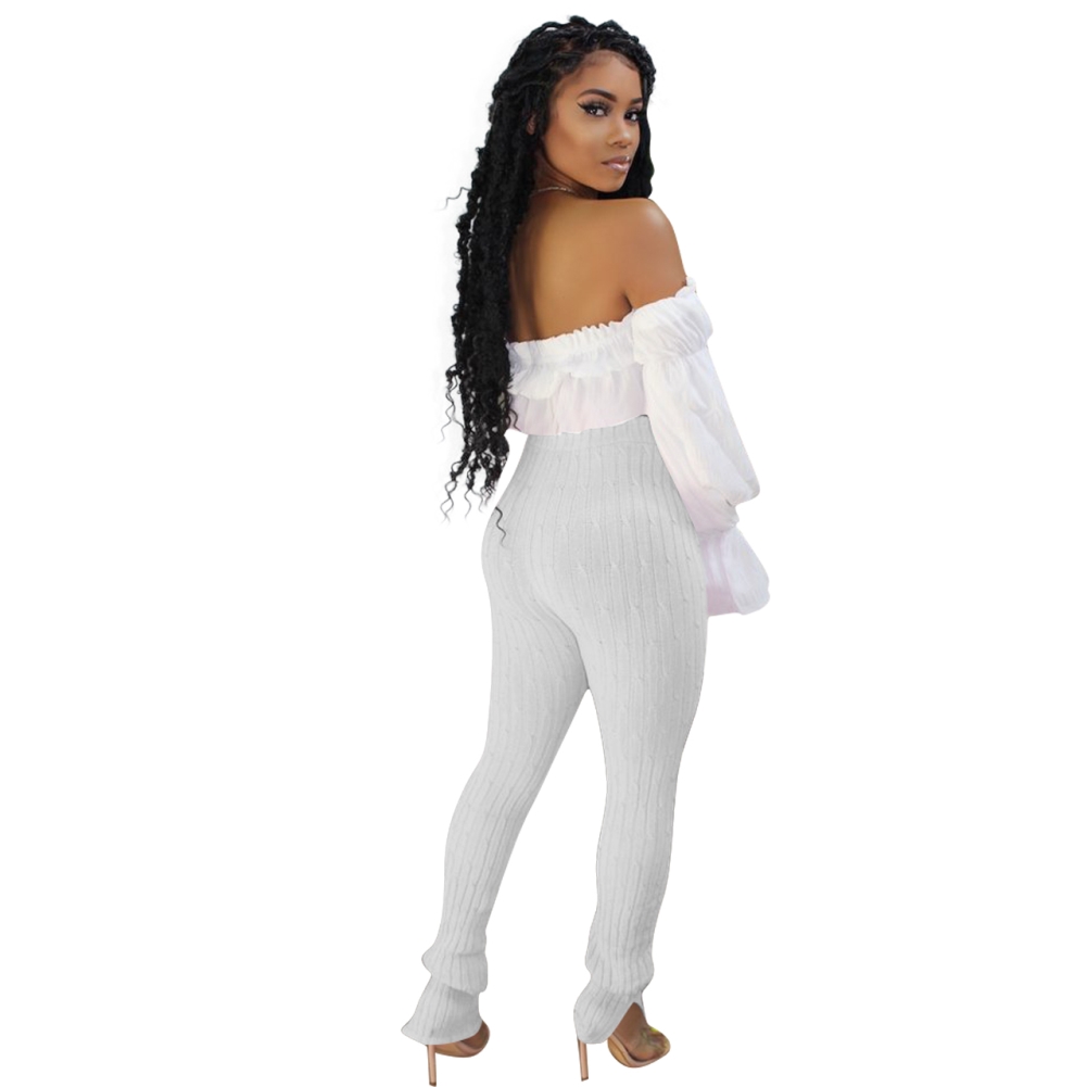 Sexy Off Shoulder Ruffle Crop Top and High Waist Slit Pants