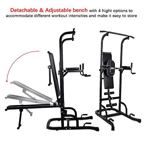 ONETWOFIT Multi-Function Power Tower with Sit Up Bench,Adjustable Height Pull Up Tower Heavy Duty Dip Station Fitness Equipment – Black