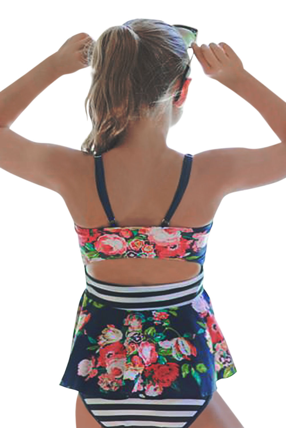 Blue Navy Floral Print Peplum Little Girls Swimsuit