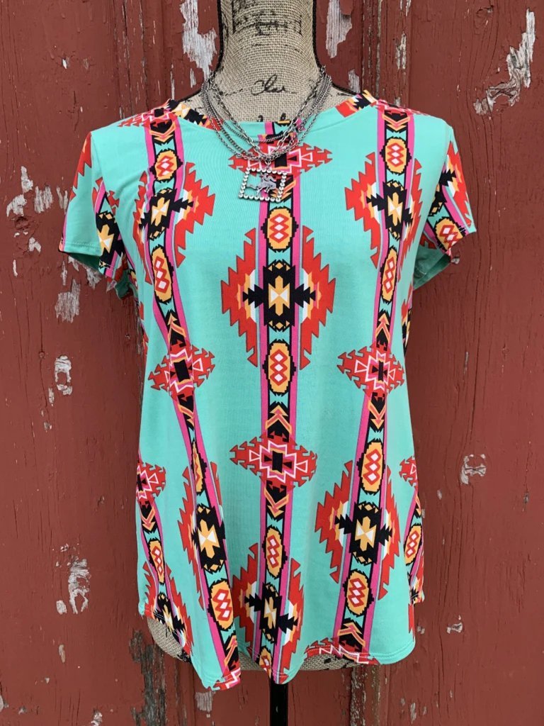 Green Printed Geometric Short Sleeve Shirts & Tops