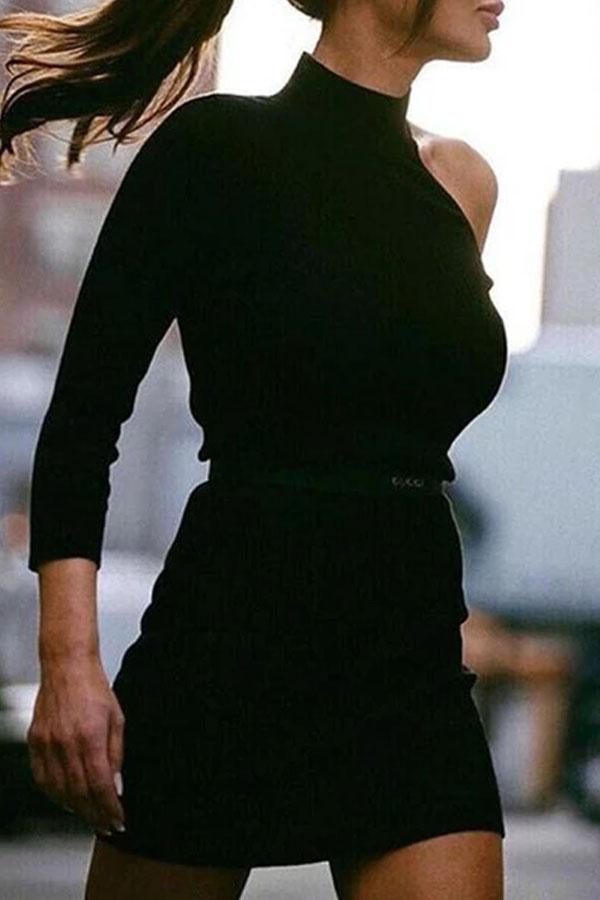 Slim Off Shoulder Knitting Solid Mini Bodycon Dress