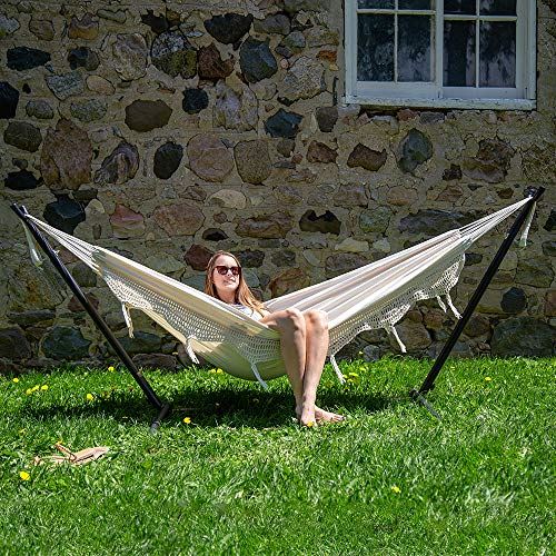 Vivere Double Hammock with Space Saving Steel Stand, Natural (450 lb Capacity – Premium Carry Bag Included)