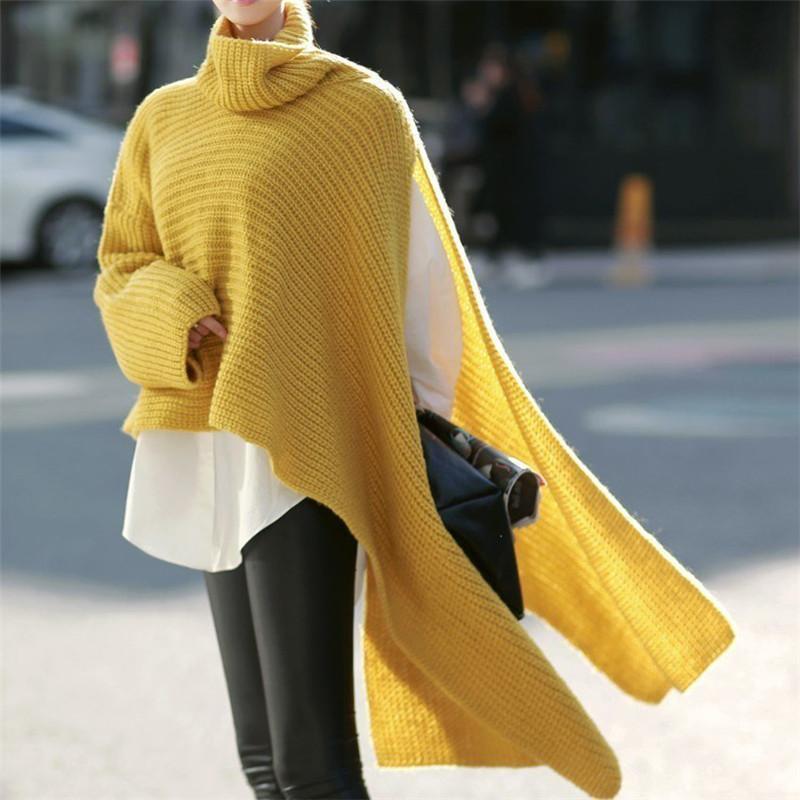 Fashion Pure Color High Neck Irregular Sweater