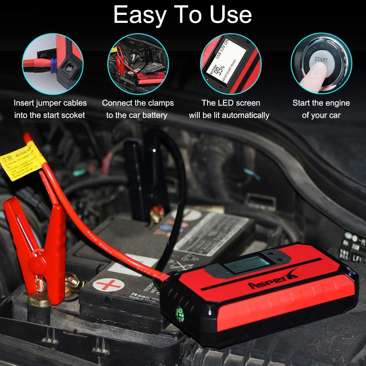 AsperX Jump Starter Car Booster Battery Starter Emergency Charging Device