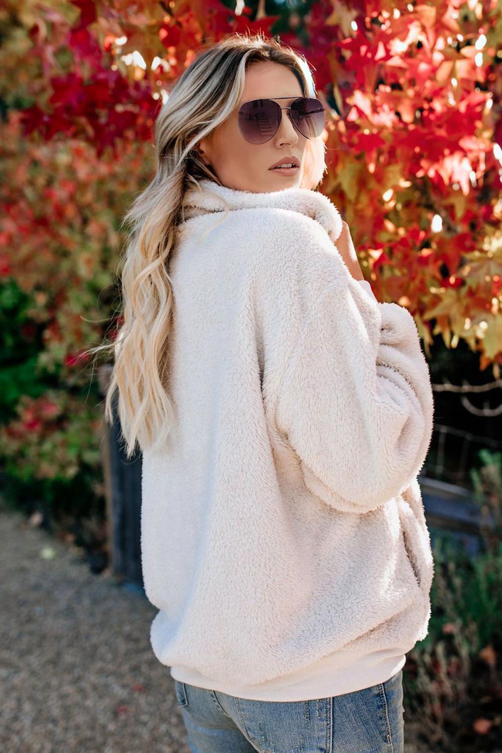 White Traverse Pocketed Sherpa Pullover Sweatshirt